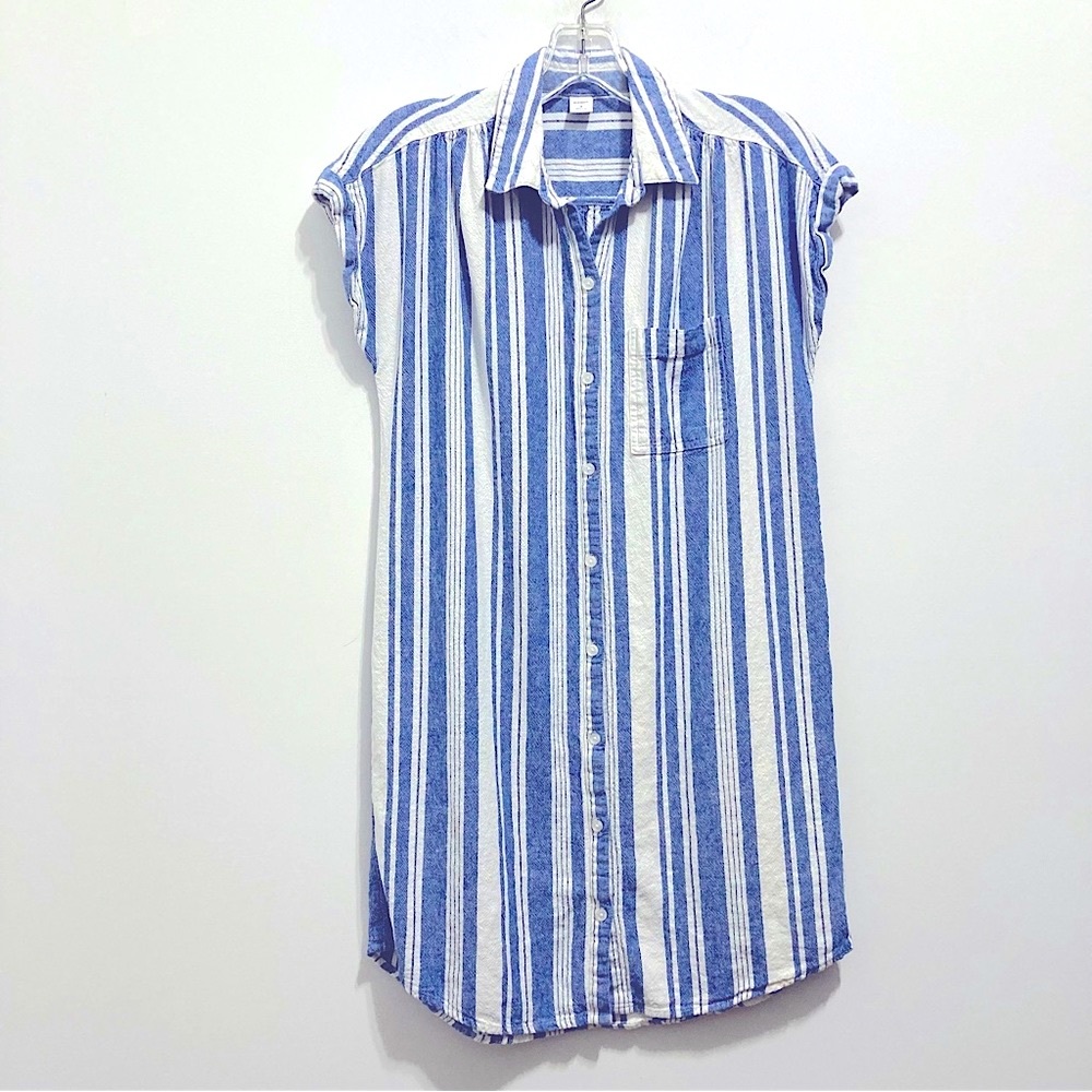Old Navy Women’s Blue & White Striped Poplin Linen Blend Short Sleeve Tunic